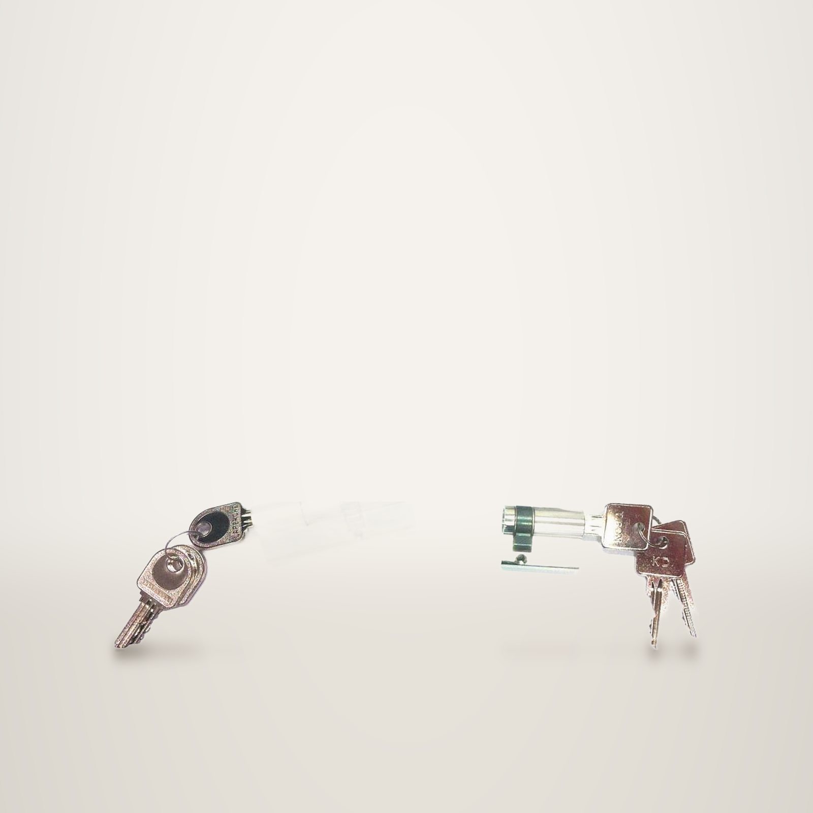 Plusieurs cylindres de serrure métalliques accompagnés de leurs clés, disposés sur un fond blanc uni.
